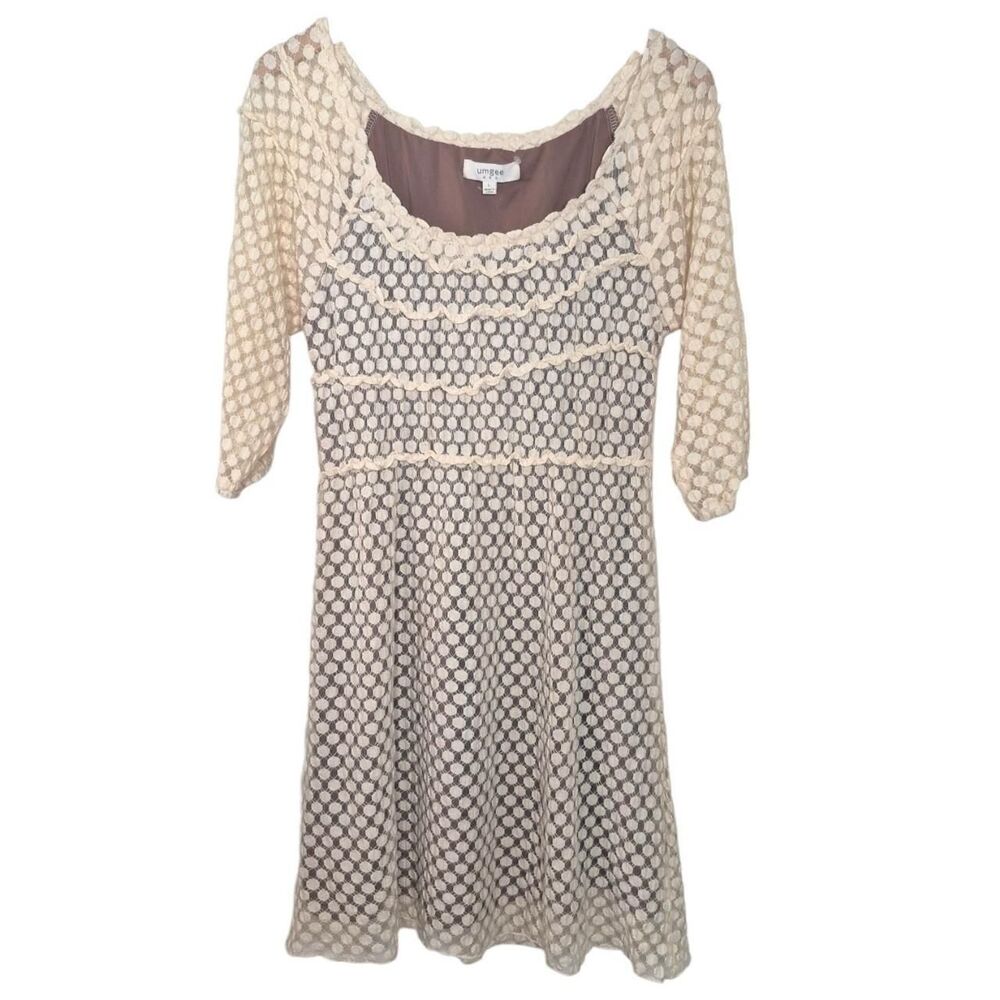 Umgee Cream Brown Polka Dot Dress with Ruffles and Lace Trim Size Large Cottage
